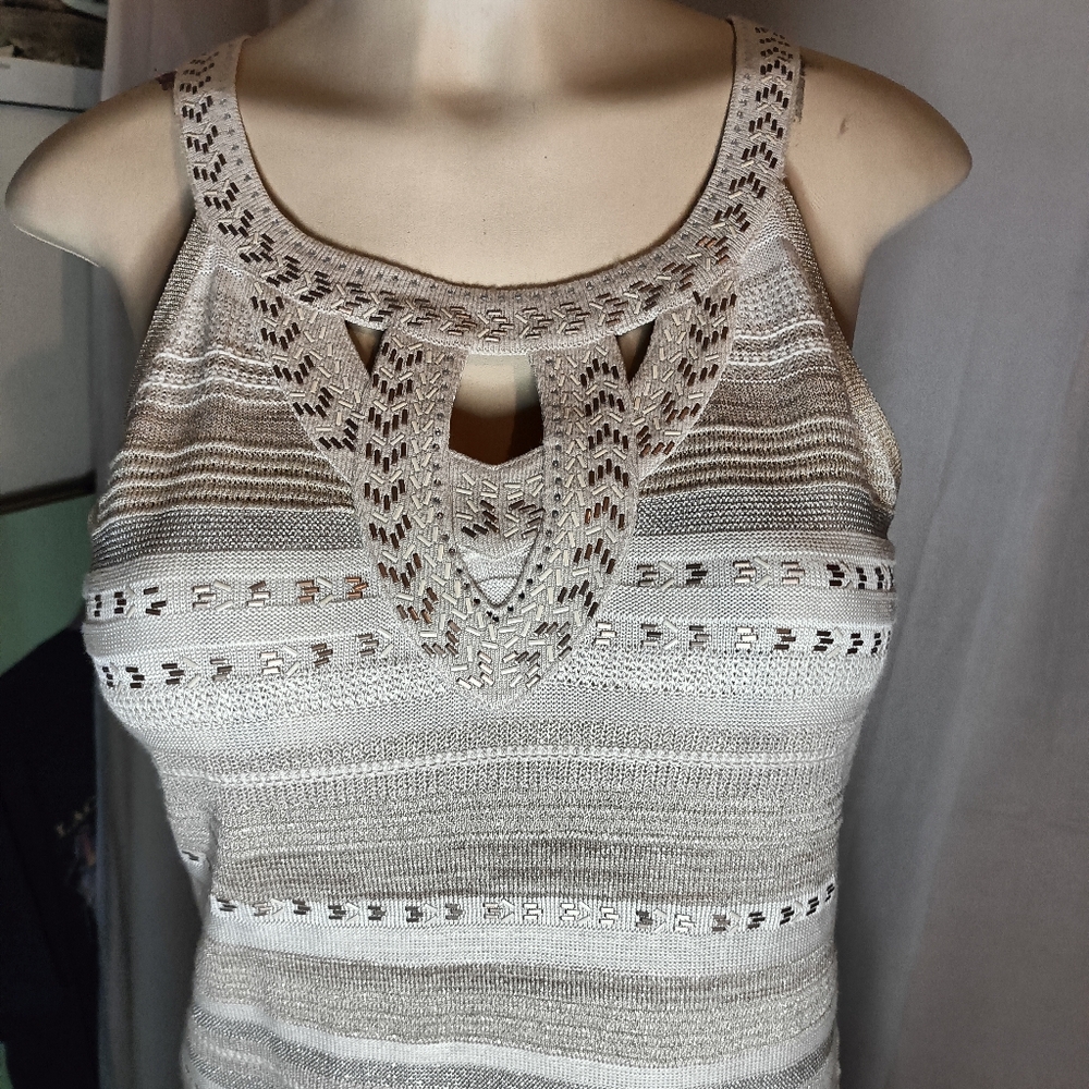 WHBM • Textured Metallic Halter Sweater Tank Striped/Beaded Size Med. Excellent